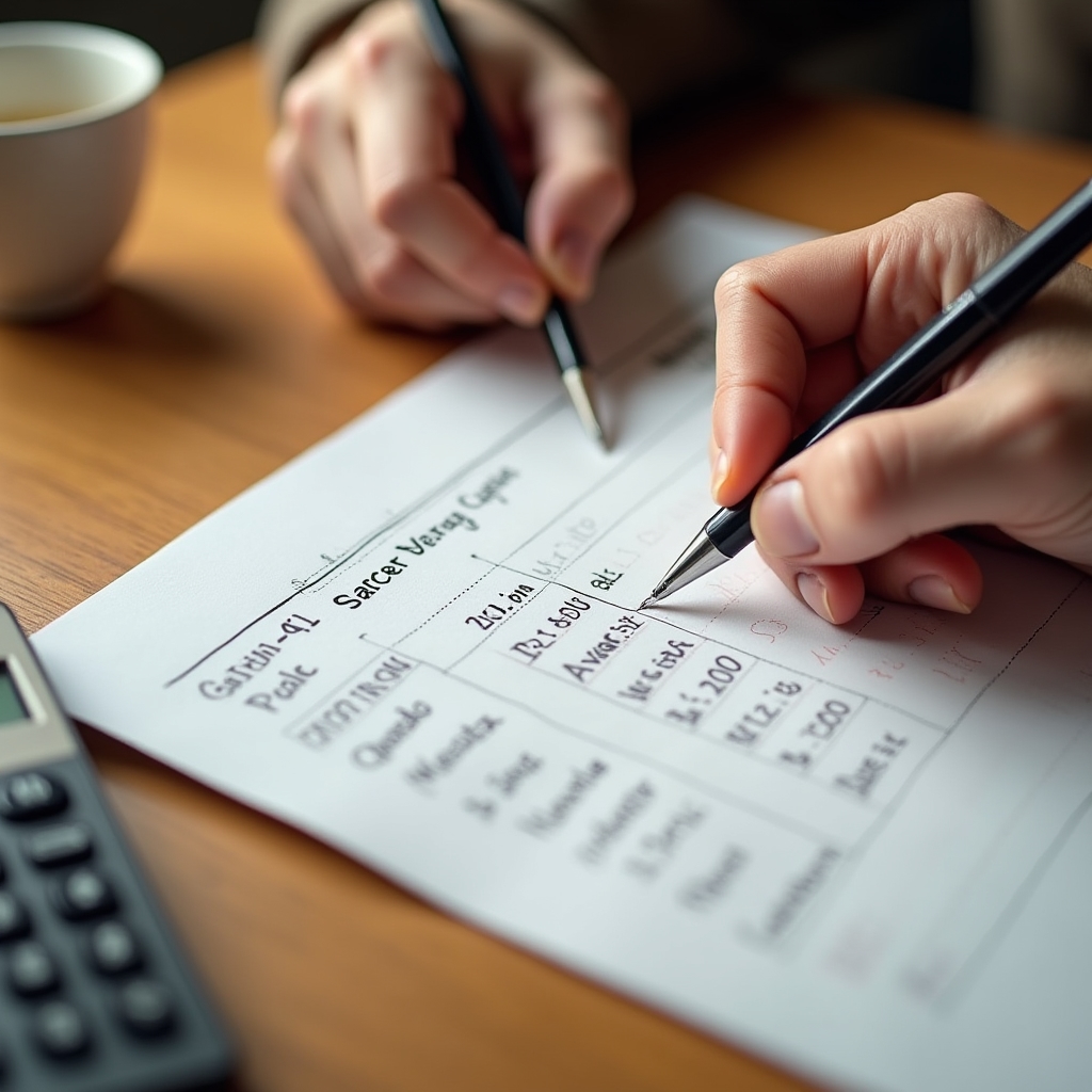 Primo piano di mani che lavorano su un foglio di pianificazione del bilancio con calcolatrice e matita