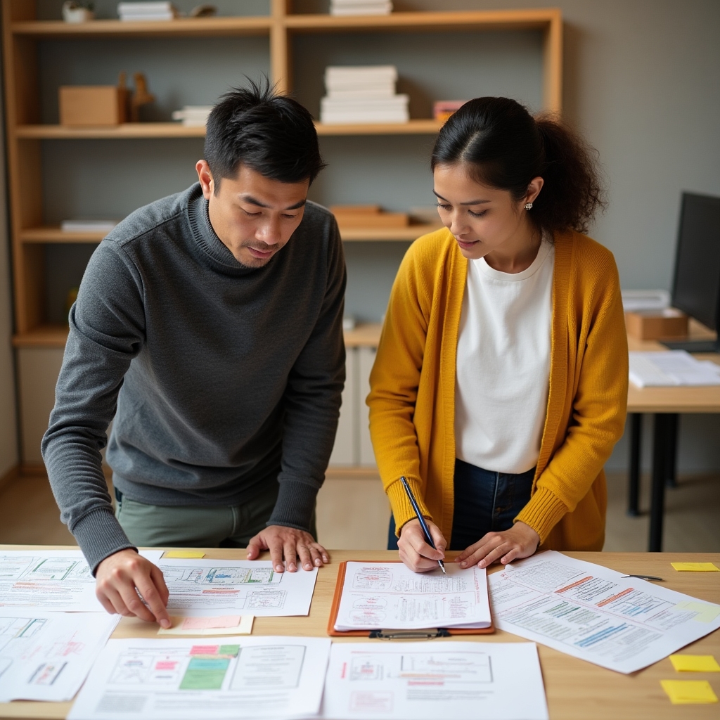 Due facilitatori del laboratorio che preparano materiali didattici su un tavolo luminoso