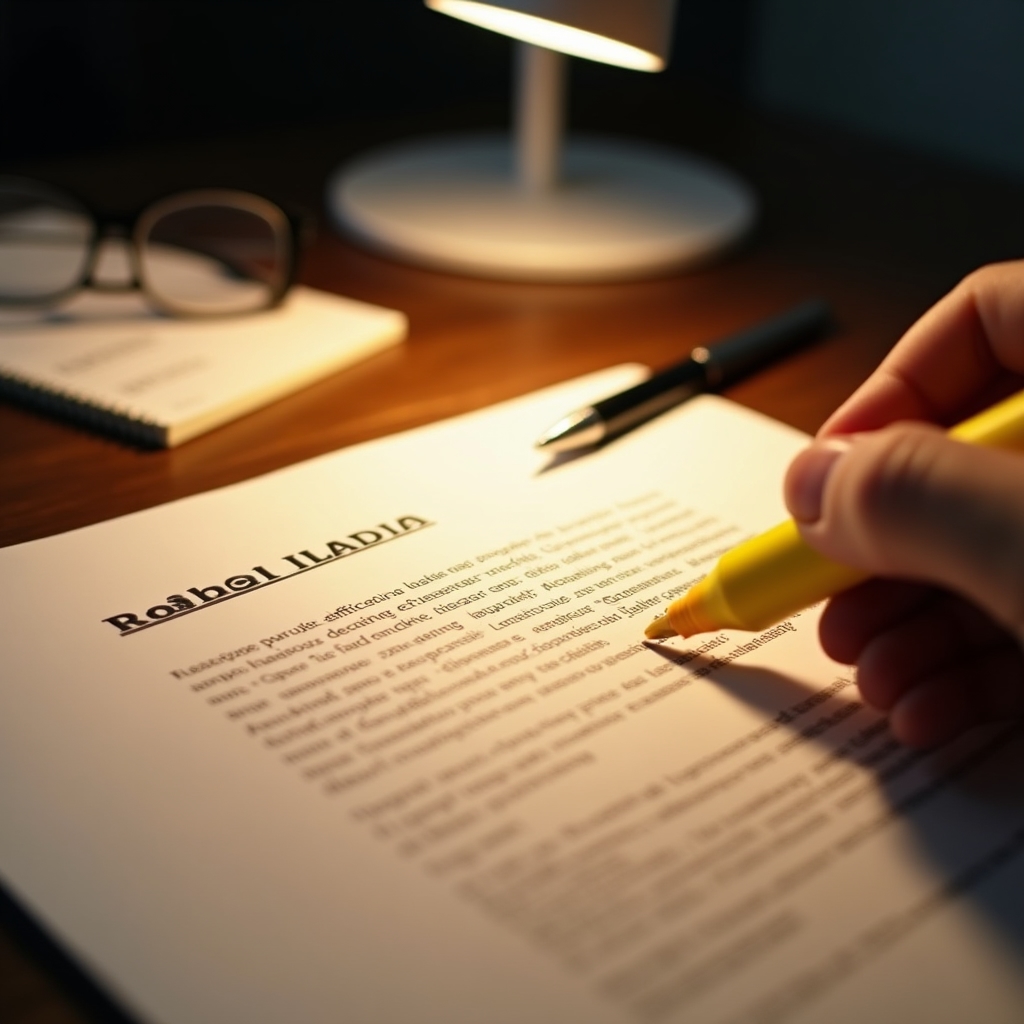 Primo piano di mani che leggono un documento INPS con evidenziatore su una scrivania