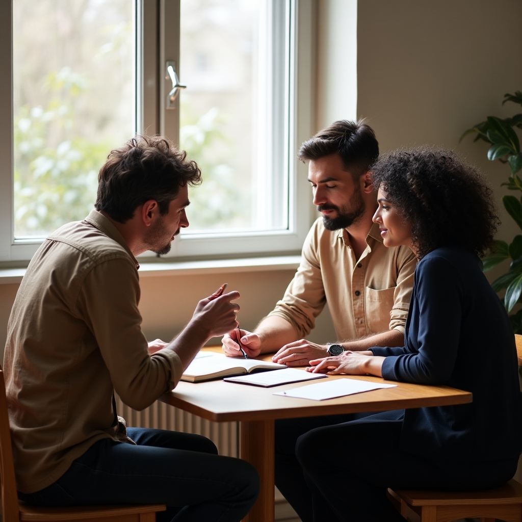 Sessione individuale di formazione economica tra facilitatore e partecipante adulto in una stanza luminosa