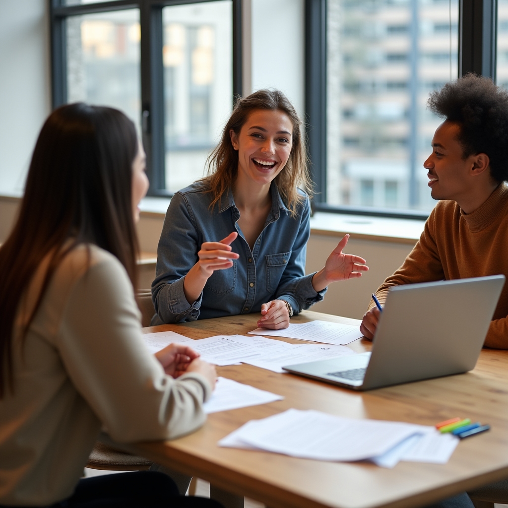Giovani adulti in un workshop di educazione finanziaria con materiali e laptop sul tavolo